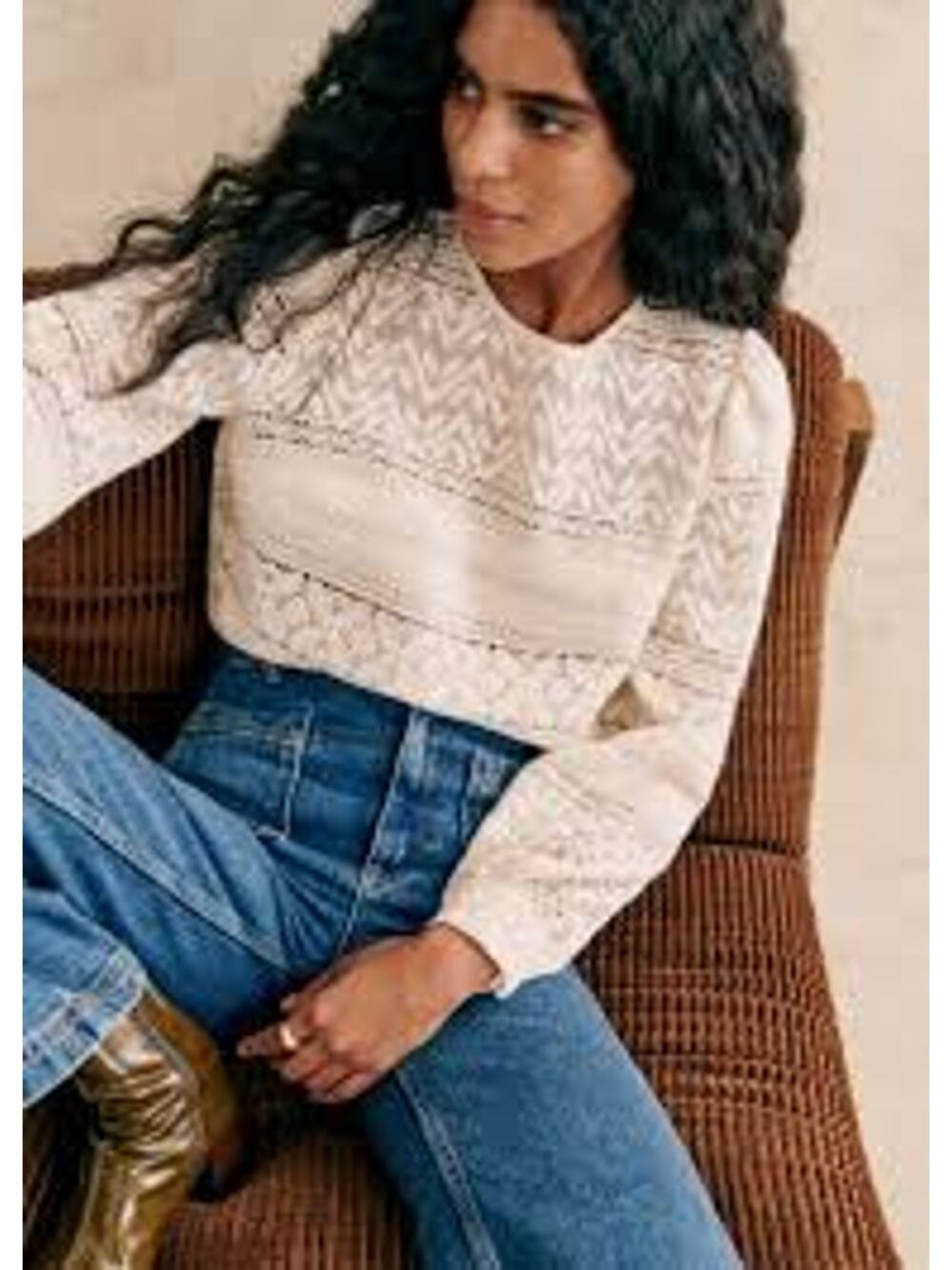 Sezane White Lace Eyelet Long Sleeve Blouse Size 36